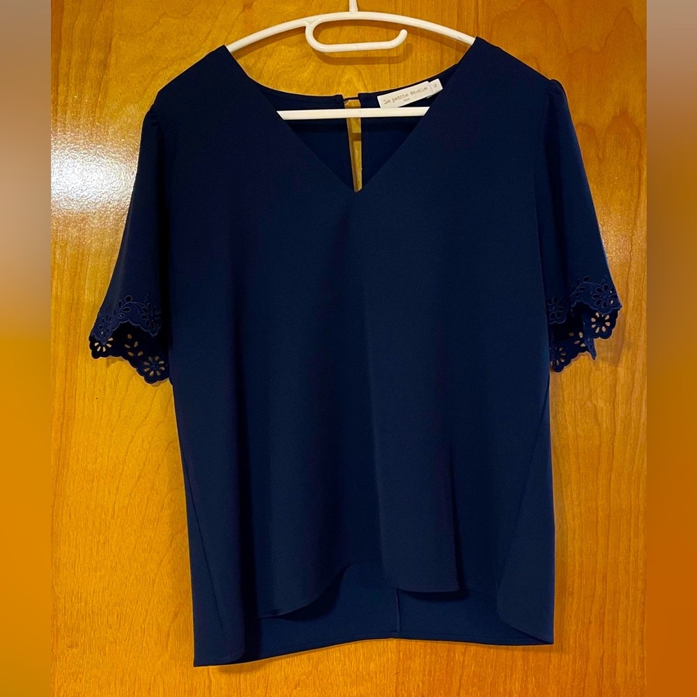 French dark blue blouse by « la petite étoile » with cut-out details on sleeves
